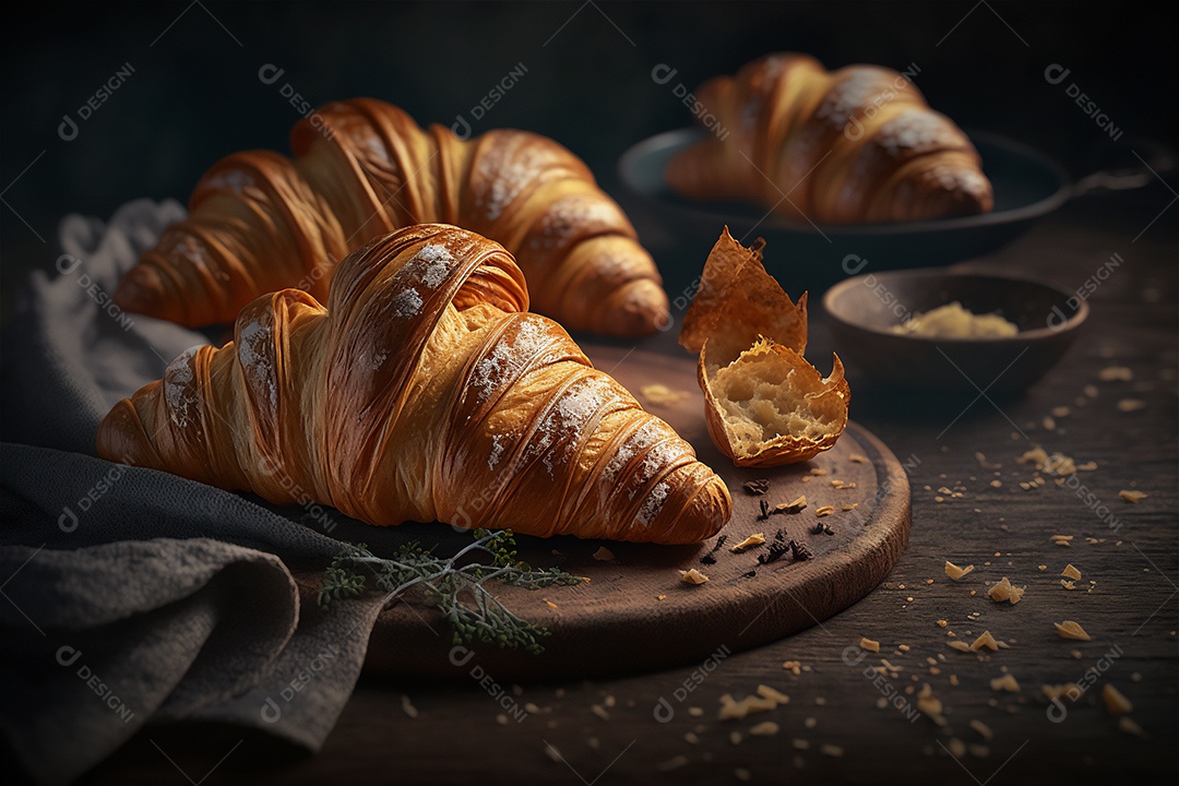 Deliciosos croissants caseiros na mesa de cozinha de madeira rústica visão de perto