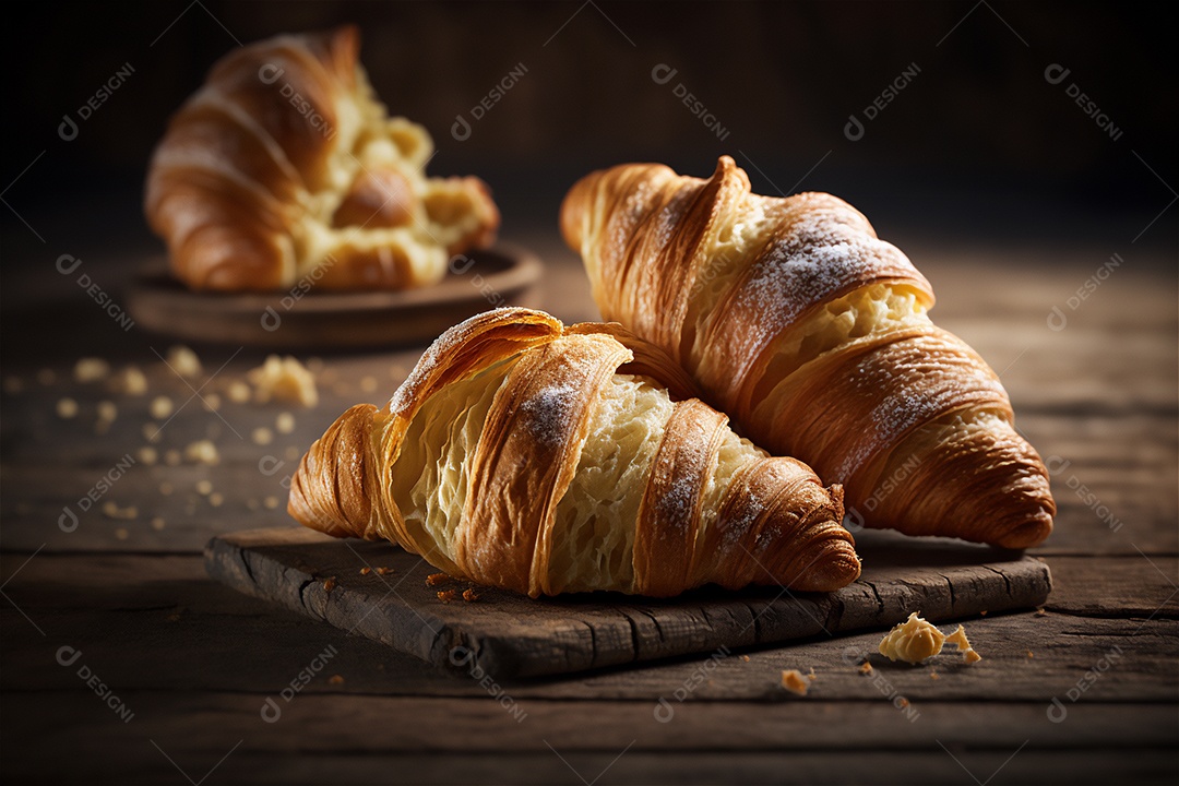 Deliciosos croissants caseiros na mesa de cozinha de madeira rústica visão de perto