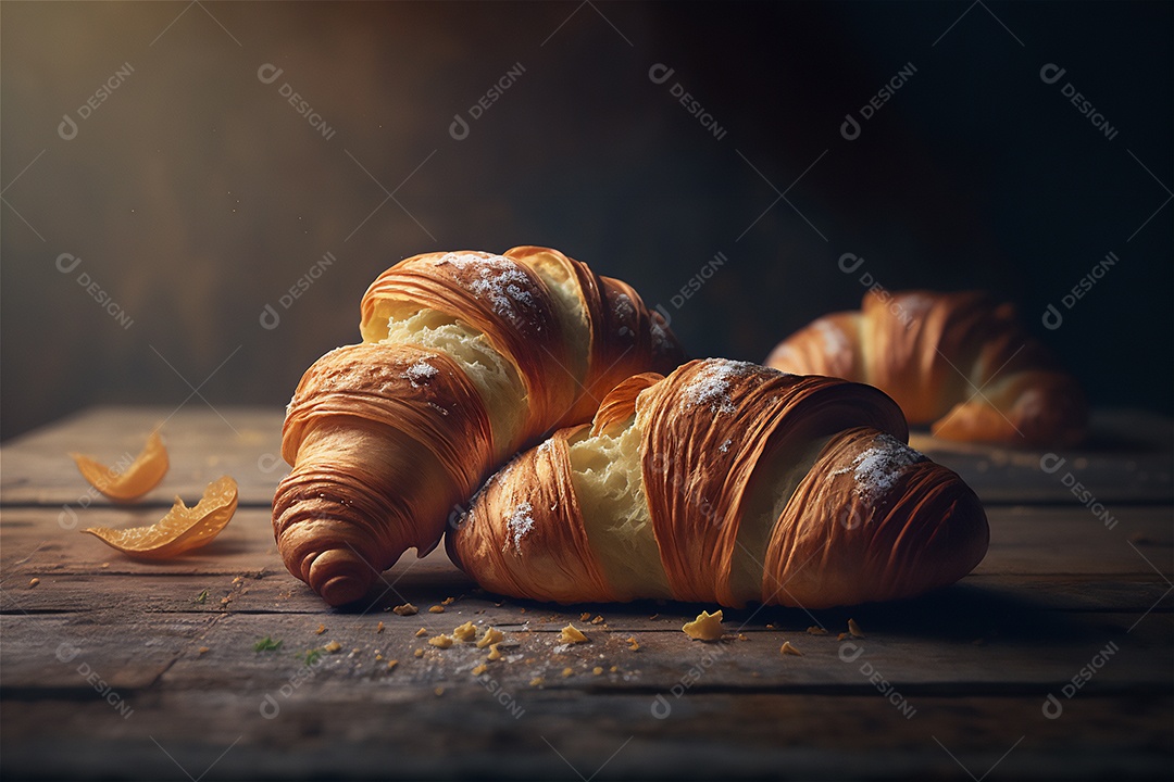 Deliciosos croissants caseiros na mesa de cozinha de madeira rústica visão de perto