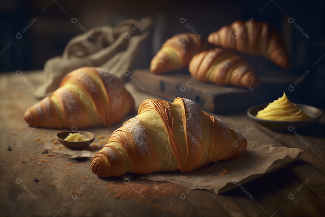 Deliciosos croissants caseiros na mesa de cozinha de madeira rústica visão de perto