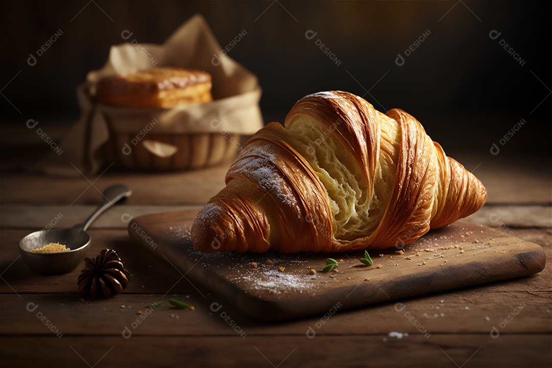 Deliciosos croissants caseiros na mesa de cozinha de madeira rústica visão de perto