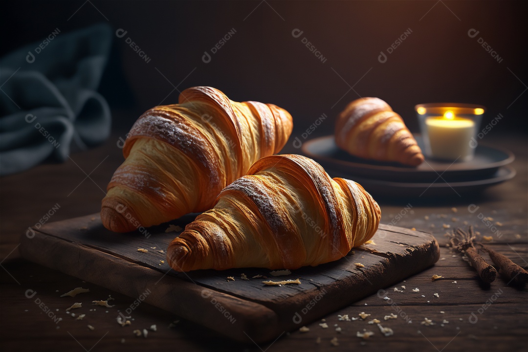 Deliciosos croissants caseiros na mesa de cozinha de madeira rústica visão de perto