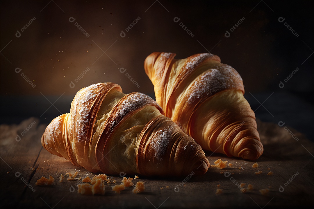 Deliciosos croissants caseiros na mesa de cozinha de madeira rústica visão de perto