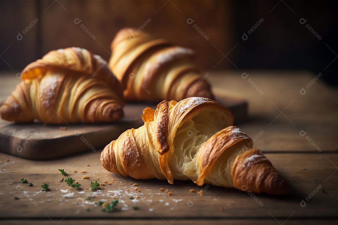 Deliciosos croissants caseiros na mesa de cozinha de madeira rústica visão de perto