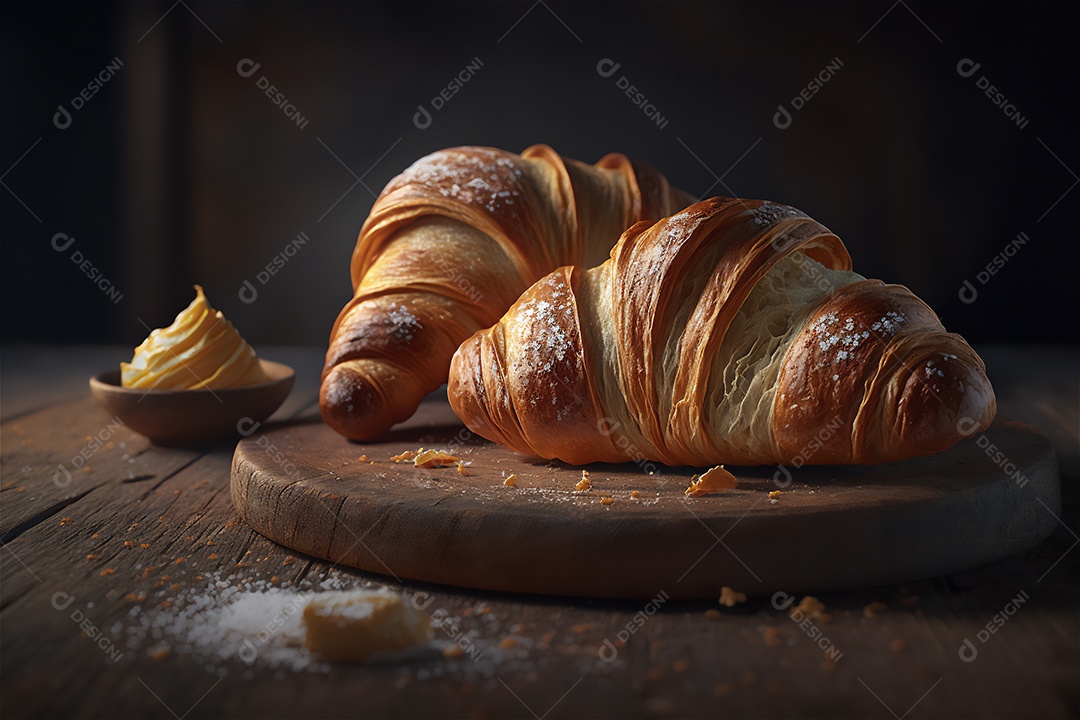 Deliciosos croissants caseiros na mesa de cozinha de madeira rústica visão de perto