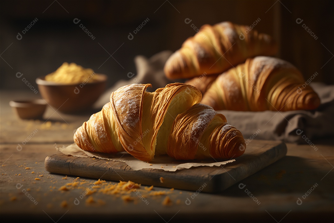 Deliciosos croissants caseiros na mesa de cozinha de madeira rústica visão de perto