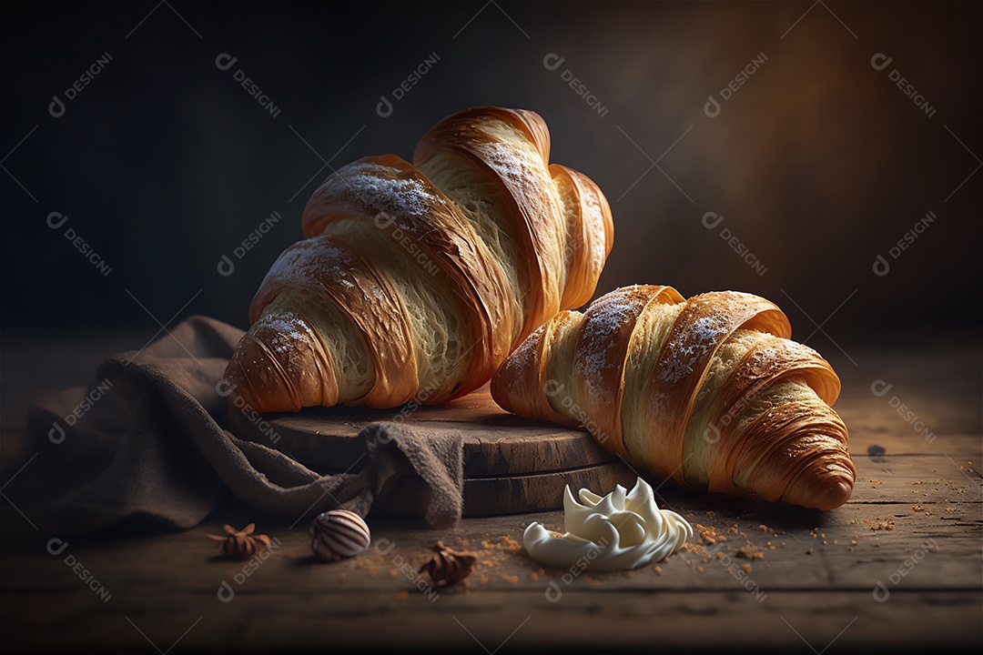 Deliciosos croissants caseiros na mesa de cozinha de madeira rústica visão de perto