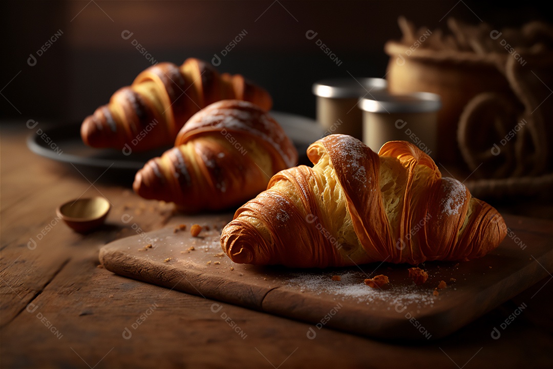 Deliciosos croissants caseiros na mesa de cozinha de madeira rústica visão de perto