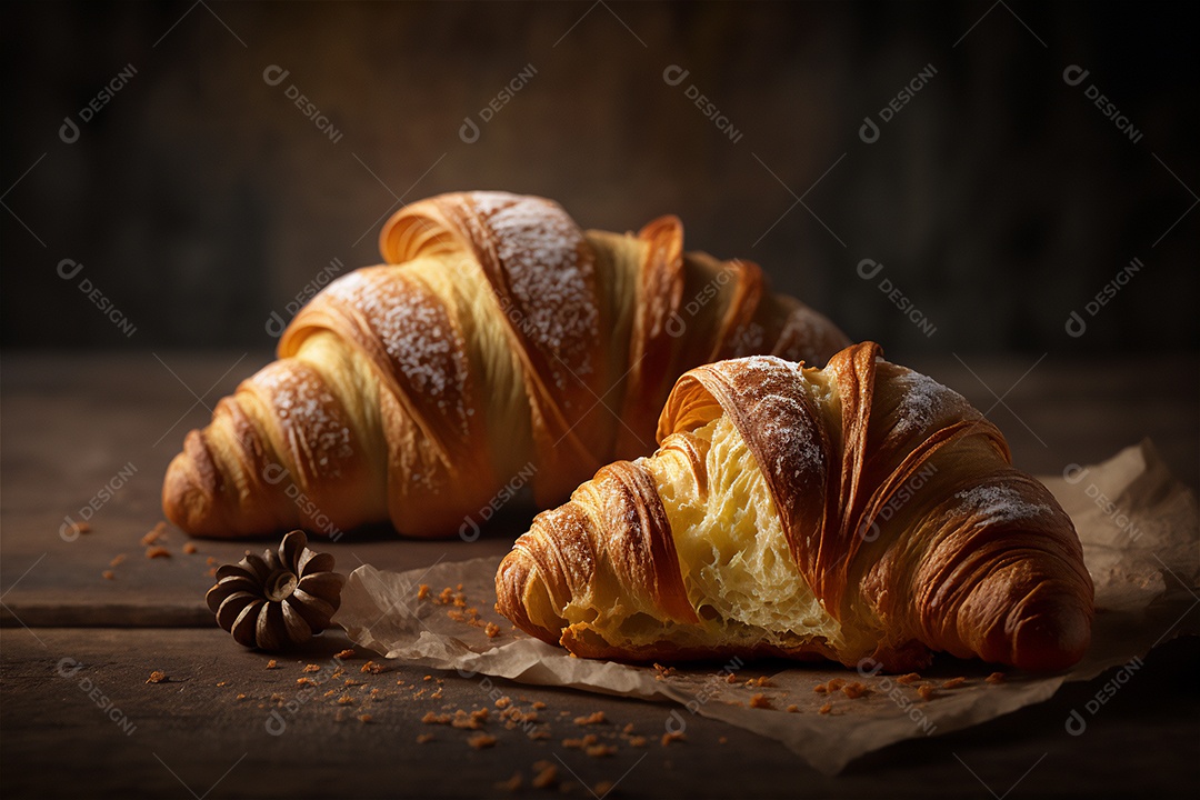 Deliciosos croissants caseiros na mesa de cozinha de madeira rústica visão de perto