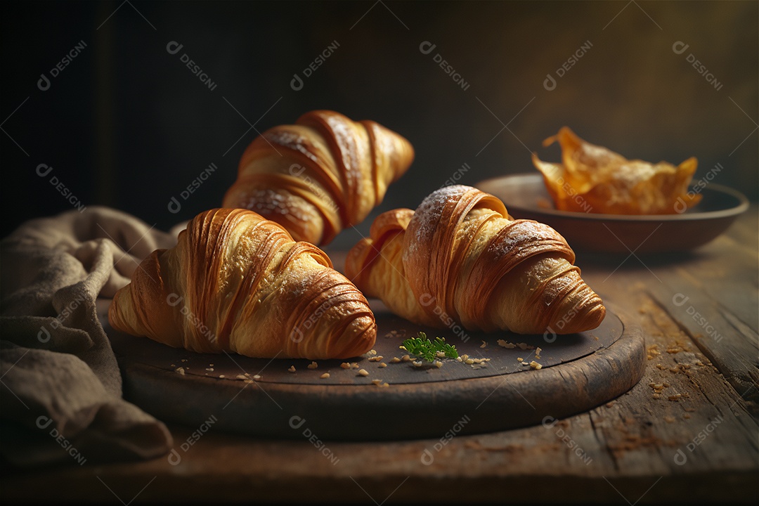 Deliciosos croissants caseiros na mesa de cozinha de madeira rústica visão de perto