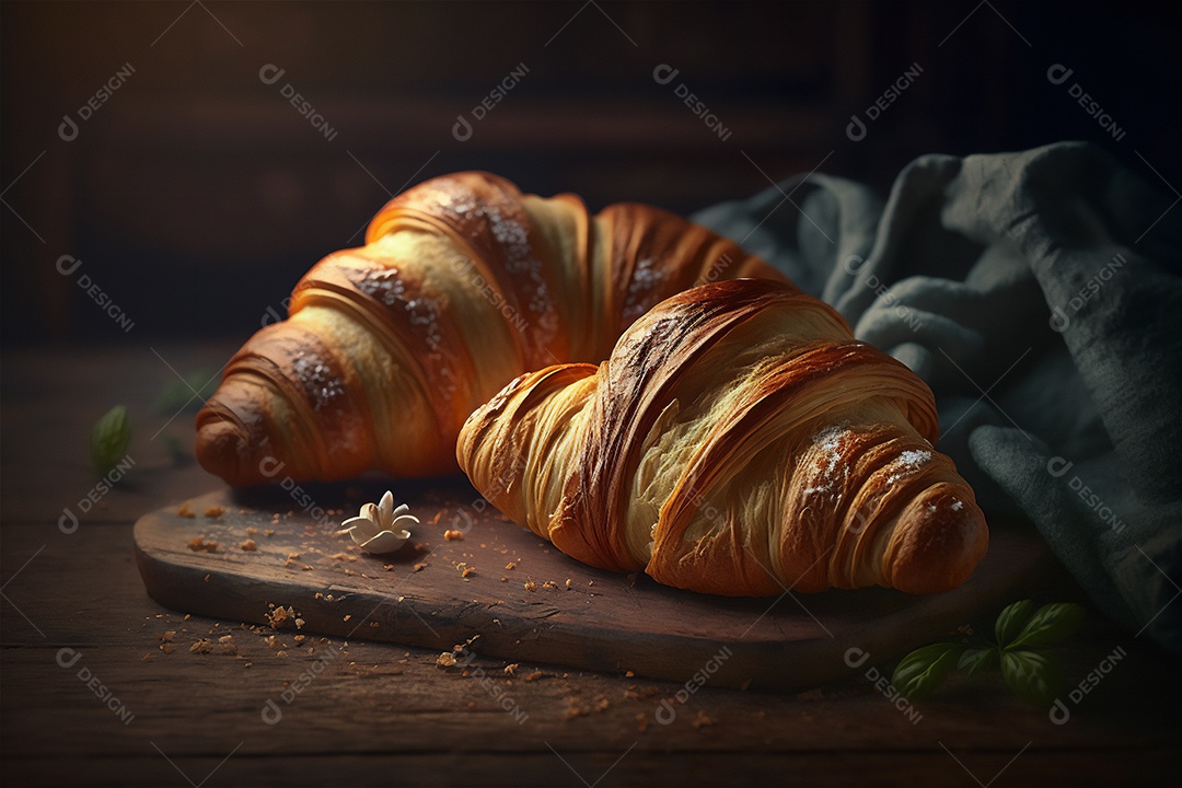 Deliciosos croissants caseiros na mesa de cozinha de madeira rústica visão de perto