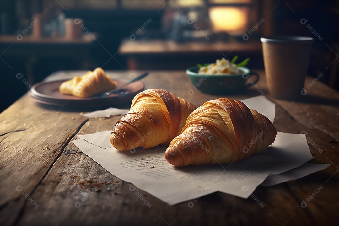 Deliciosos croissants caseiros na mesa de cozinha de madeira rústica visão de perto