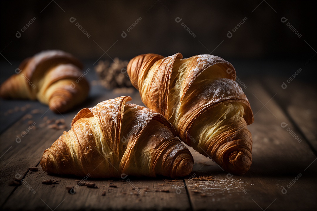 Deliciosos croissants caseiros na mesa de cozinha de madeira rústica visão de perto