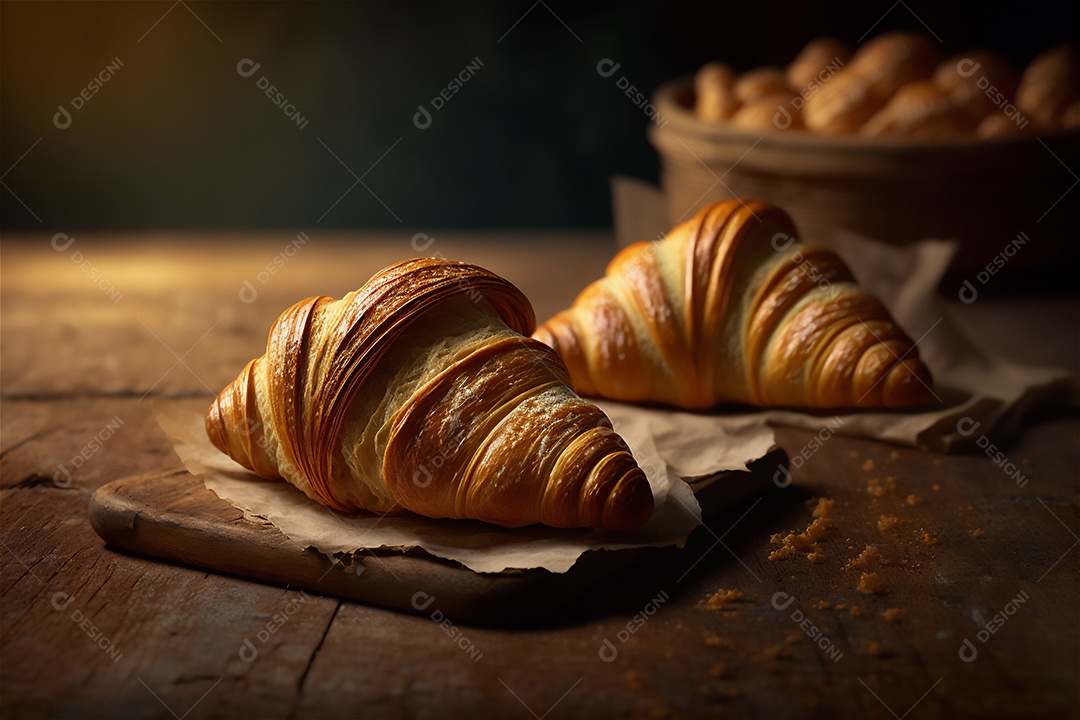 Deliciosos croissants caseiros na mesa de cozinha de madeira rústica visão de perto