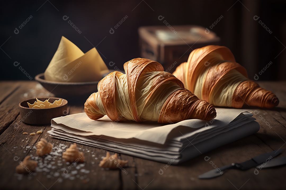 Deliciosos croissants caseiros na mesa de cozinha de madeira rústica visão de perto