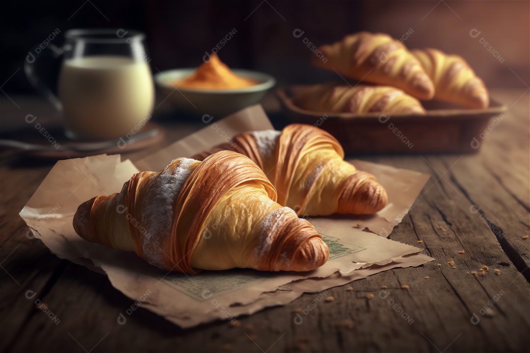 Deliciosos croissants caseiros na mesa de cozinha de madeira rústica visão de perto