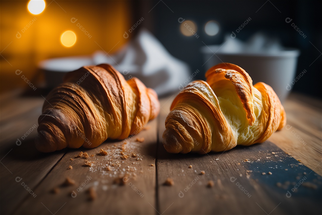 Deliciosos croissants caseiros na mesa de cozinha de madeira rústica visão de perto