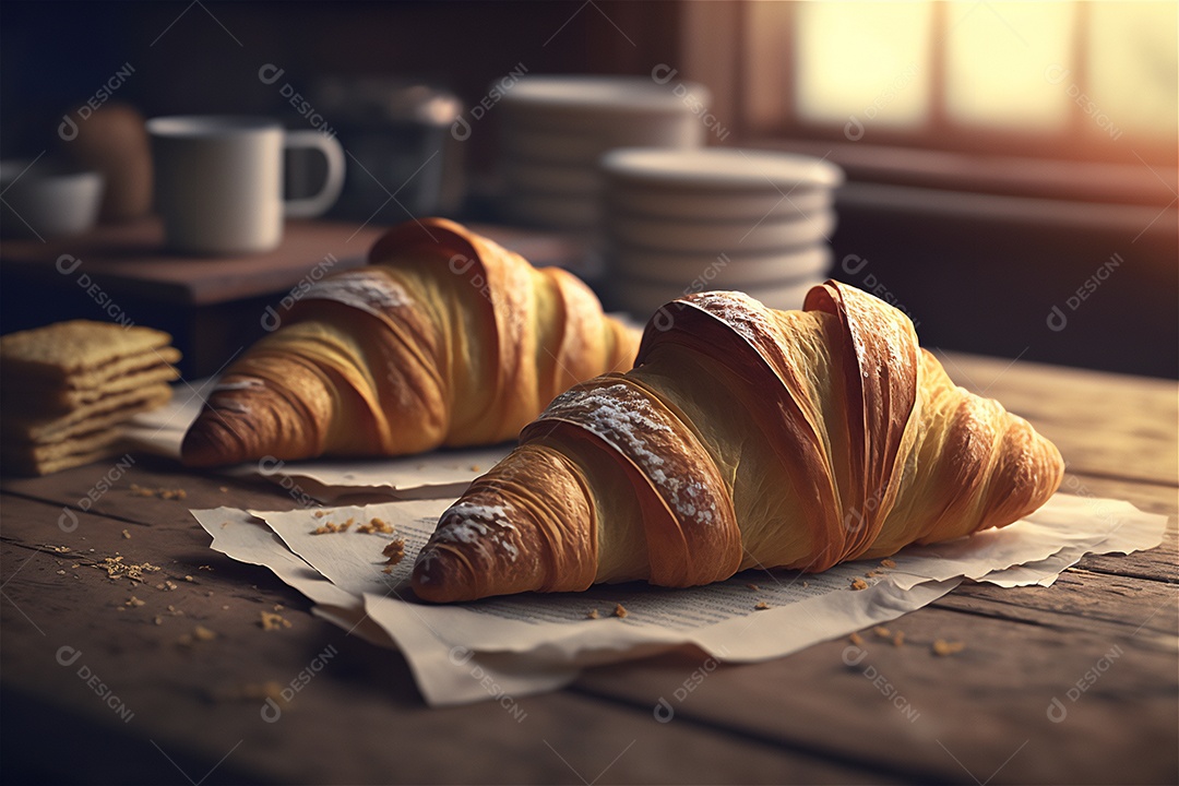 Deliciosos croissants caseiros na mesa de cozinha de madeira rústica visão de perto