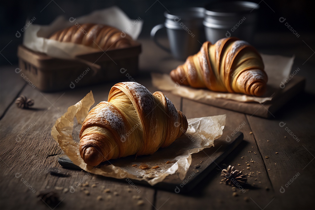 Deliciosos croissants caseiros na mesa de cozinha de madeira rústica visão de perto