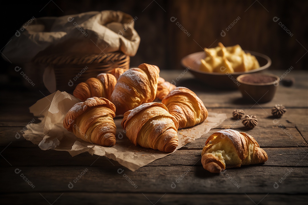 Deliciosos croissants caseiros na mesa de cozinha de madeira rústica visão de perto