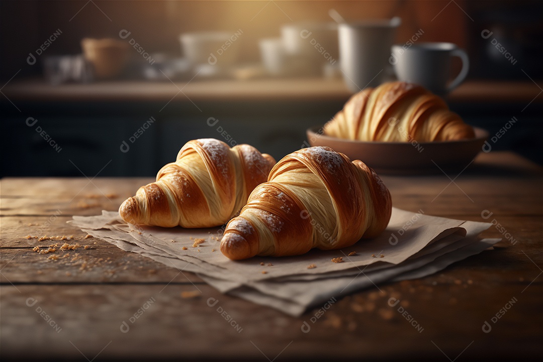 Deliciosos croissants caseiros na mesa de cozinha de madeira rústica visão de perto