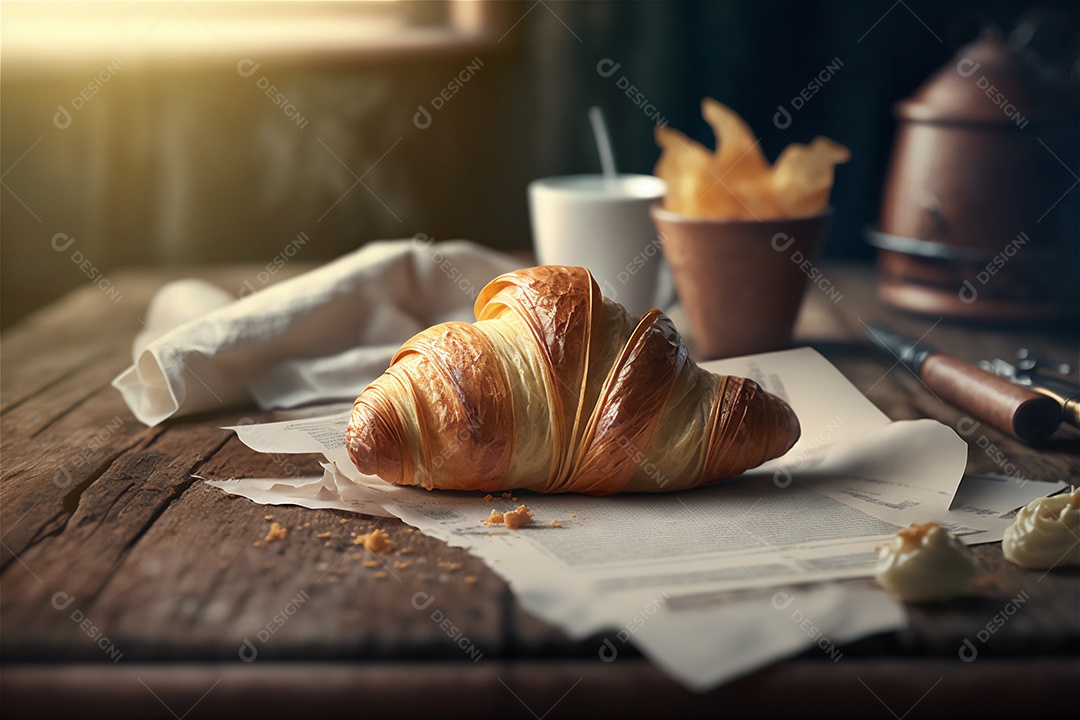 Deliciosos croissants caseiros na mesa de cozinha de madeira rústica visão de perto