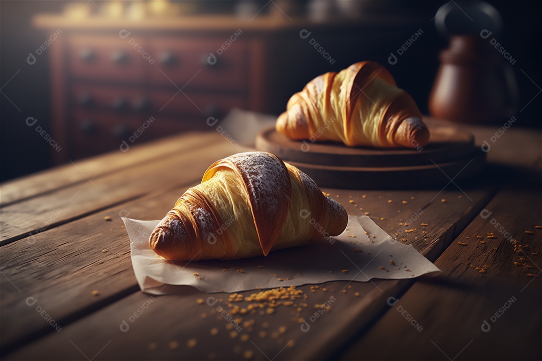 Deliciosos croissants caseiros na mesa de cozinha de madeira rústica visão de perto