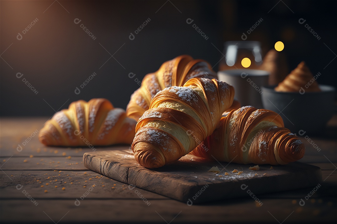 Deliciosos croissants caseiros na mesa de cozinha de madeira rústica visão de perto