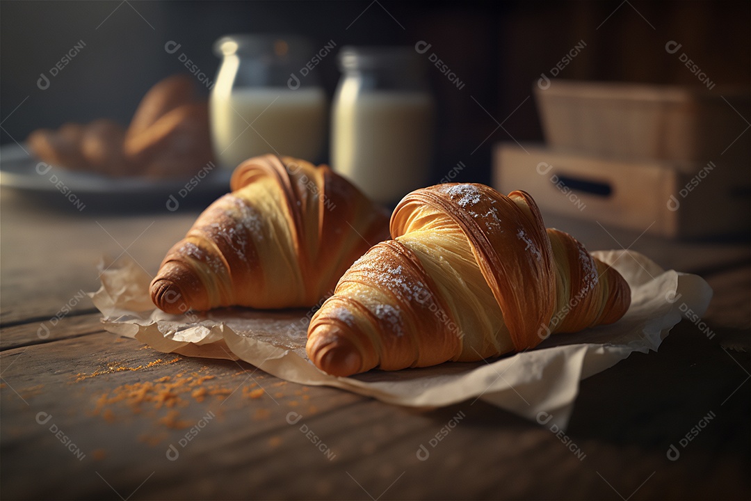 Deliciosos croissants caseiros na mesa de cozinha de madeira rústica visão de perto