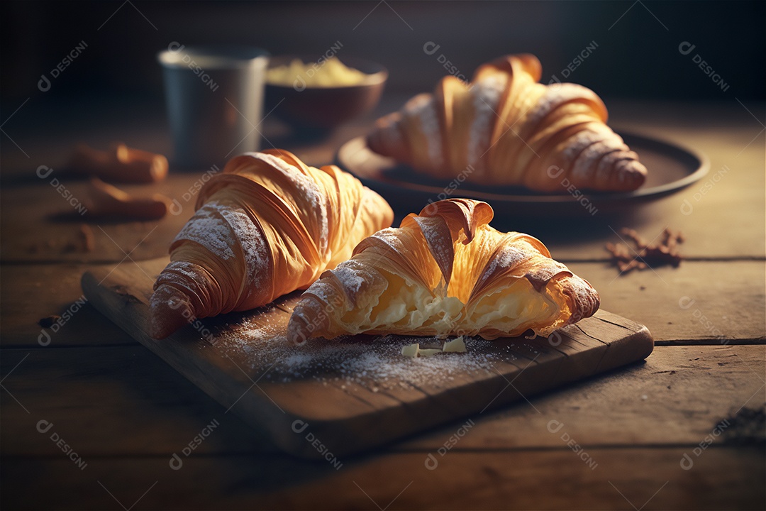 Deliciosos croissants caseiros na mesa de cozinha de madeira rústica visão de perto