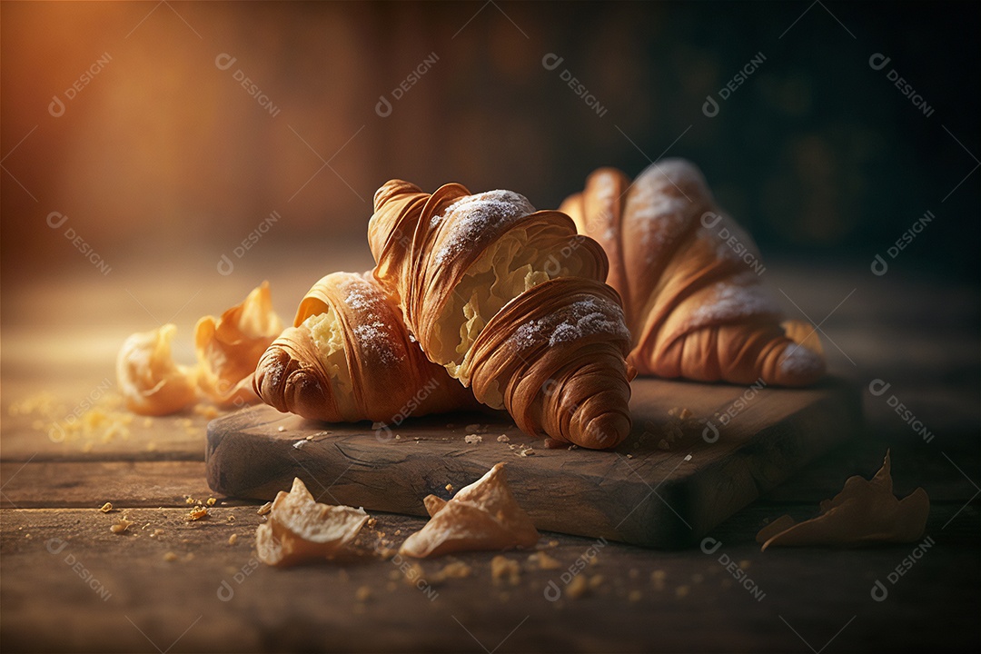 Deliciosos croissants caseiros na mesa de cozinha de madeira rústica visão de perto