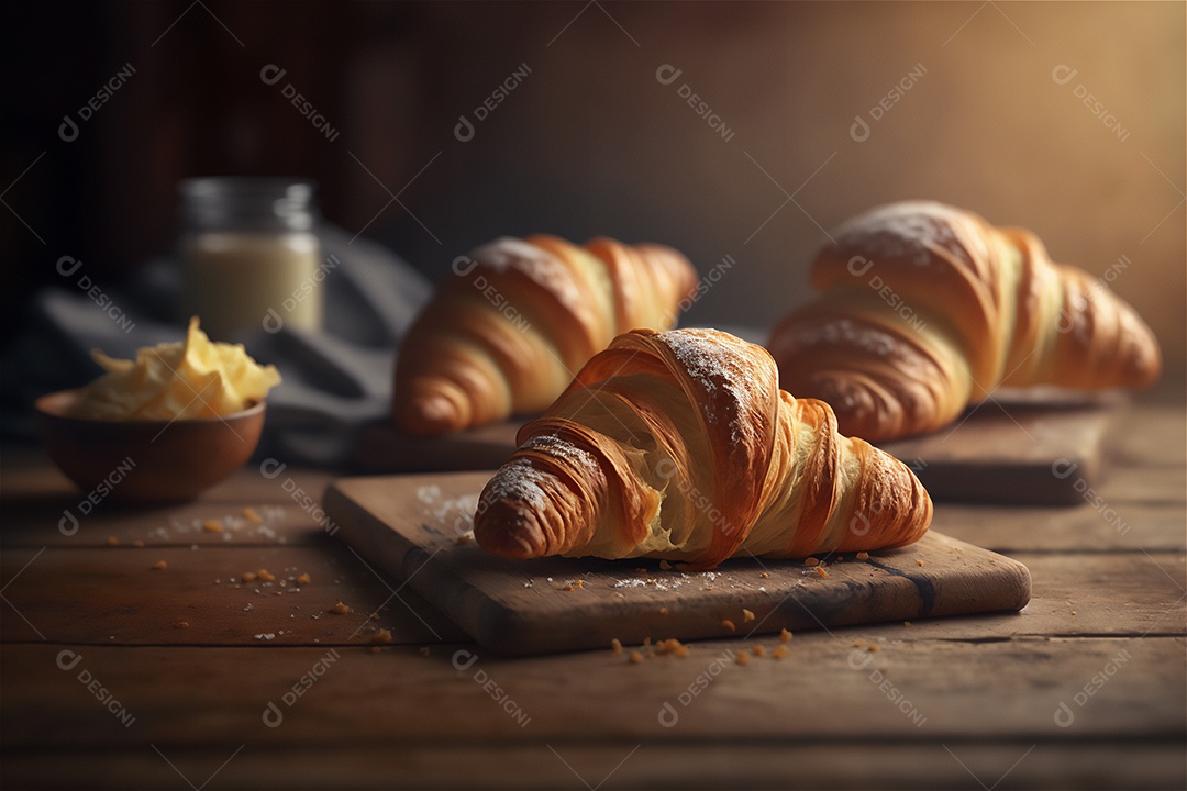 Deliciosos croissants caseiros na mesa de cozinha de madeira rústica visão de perto