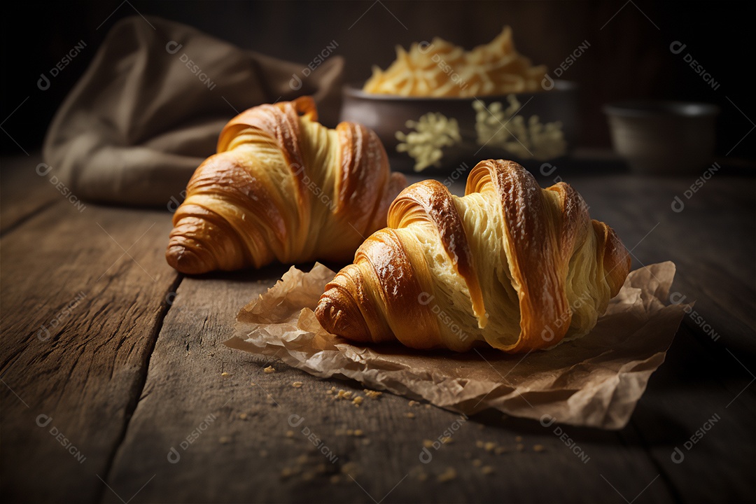 Deliciosos croissants caseiros na mesa de cozinha de madeira rústica visão de perto