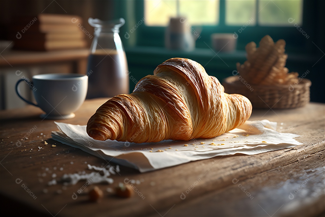Deliciosos croissants caseiros na mesa de cozinha de madeira rústica visão de perto
