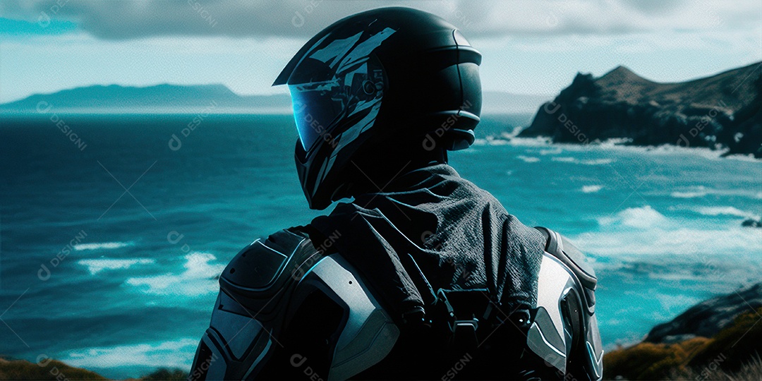 ilustração 3D de pessoa pilotando motocicleta.