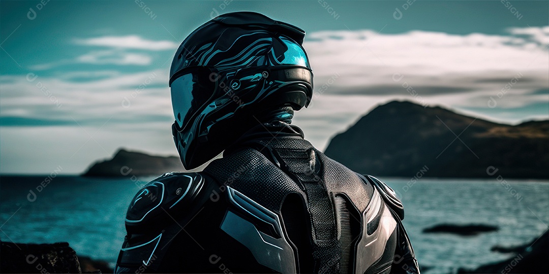 ilustração 3D de pessoa pilotando motocicleta.