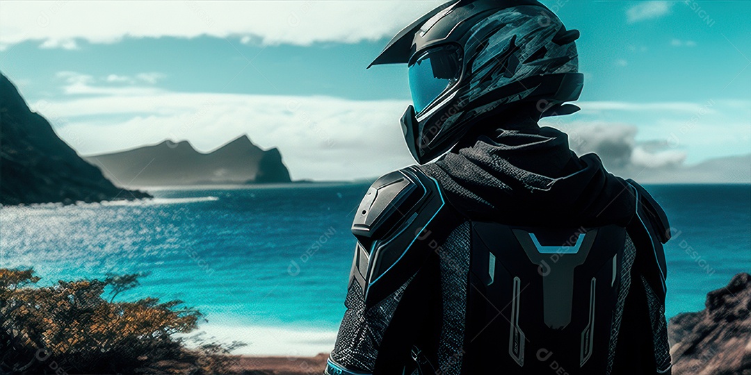 ilustração 3D de pessoa pilotando motocicleta.