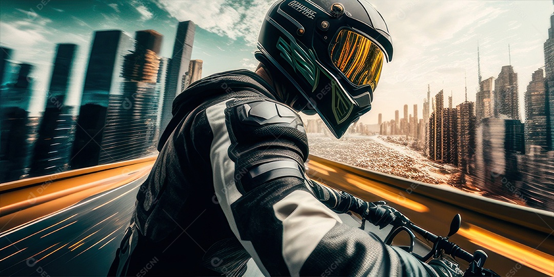 ilustração 3D de pessoa pilotando motocicleta.