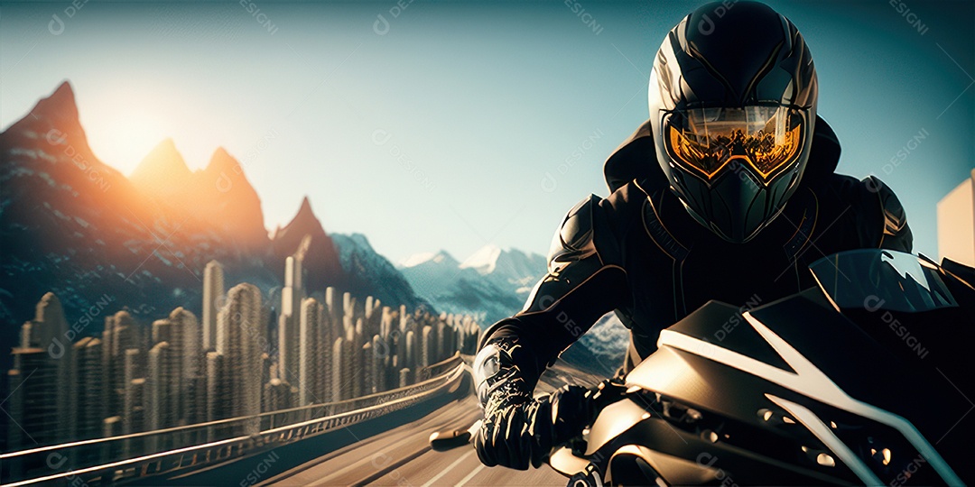 ilustração 3D de pessoa pilotando motocicleta.