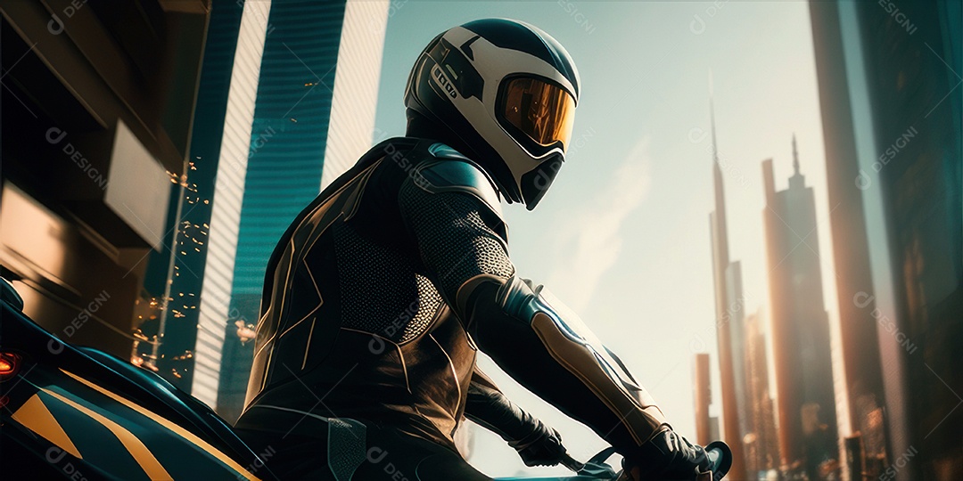 ilustração 3D de pessoa pilotando motocicleta.