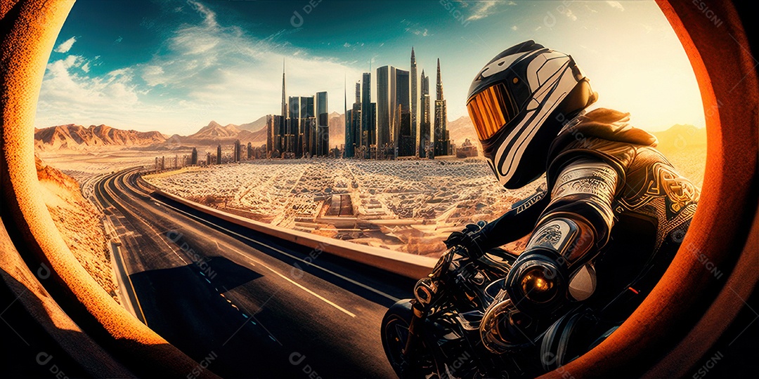 ilustração 3D de pessoa pilotando motocicleta.