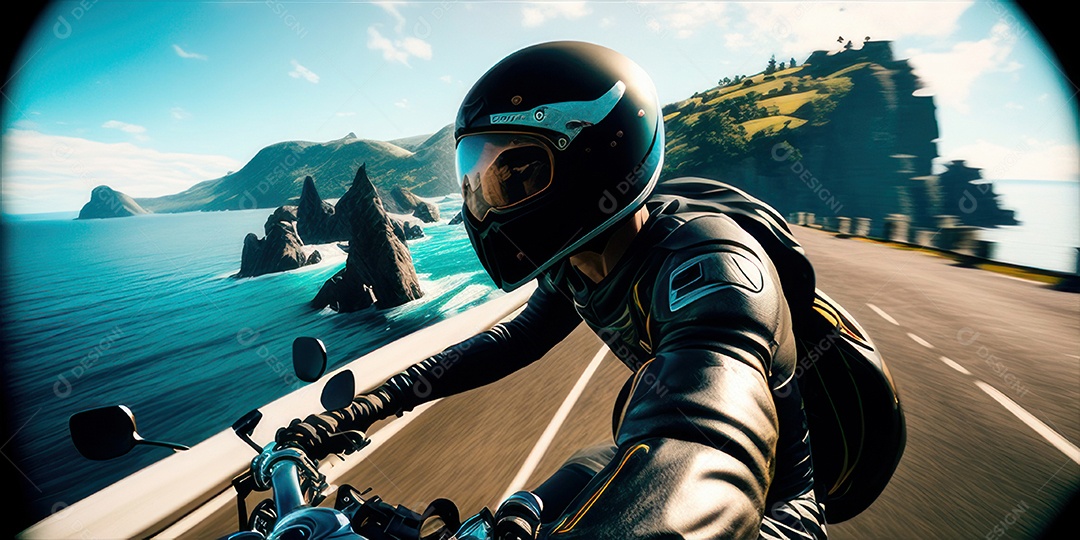 ilustração 3D de pessoa pilotando motocicleta.