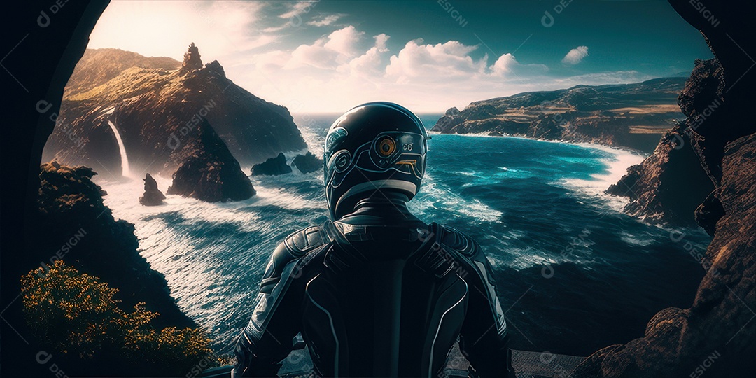 ilustração 3D de pessoa pilotando motocicleta.