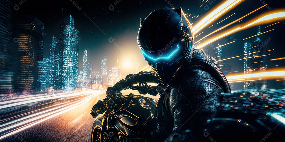 ilustração 3D de pessoa pilotando motocicleta.