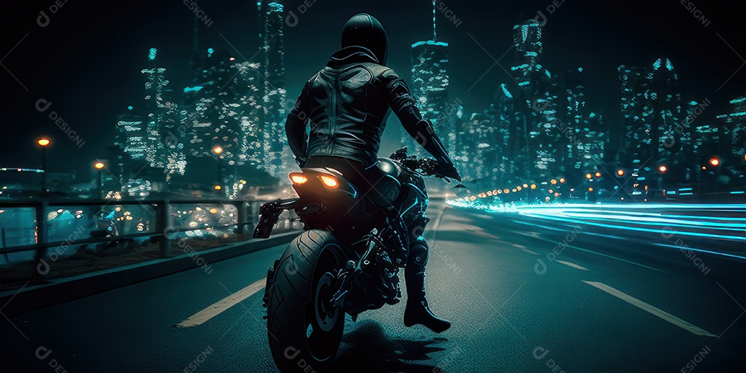 ilustração 3D de pessoa pilotando motocicleta.