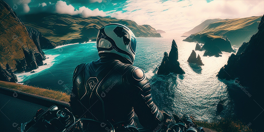 ilustração 3D de pessoa pilotando motocicleta.