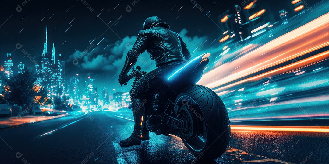 ilustração 3D de pessoa pilotando motocicleta.