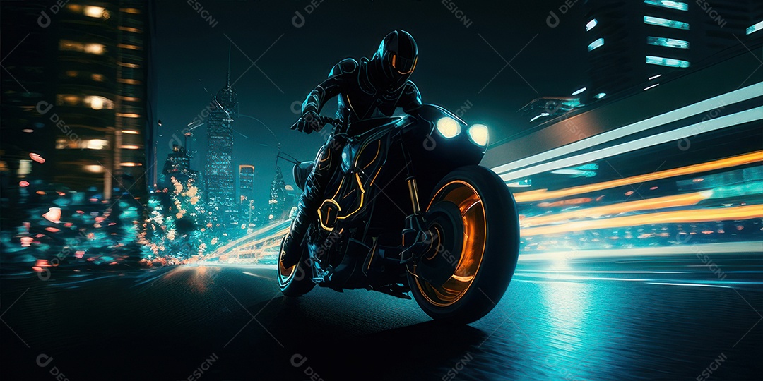 ilustração 3D de pessoa pilotando motocicleta.