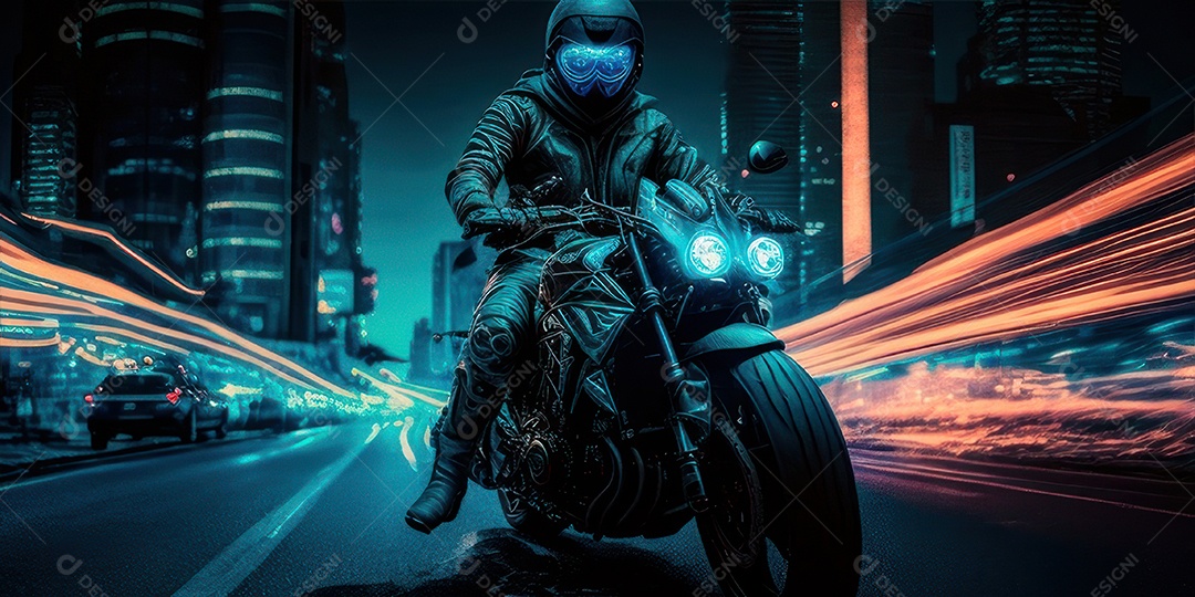 ilustração 3D de pessoa pilotando motocicleta.