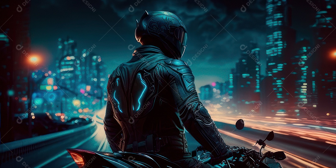 ilustração 3D de pessoa pilotando motocicleta.